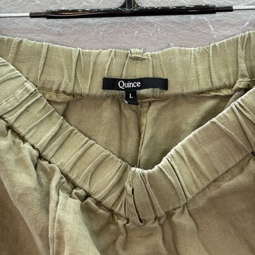 Quince women’s olive green 100% European linen wide leg cropped pull -on pants L
